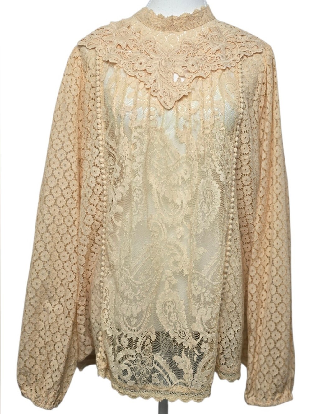 TORRID Mixed Lace High Neck Sheer Long Sleeve Blouse Beige Plus Size 2 Romantic